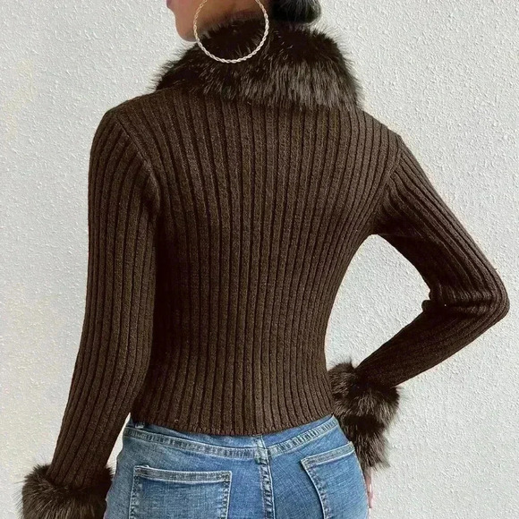 Coffee Brown Casual Women's Borg Collar Fuzzy Cuff Cardigan - Picture 2 of 7